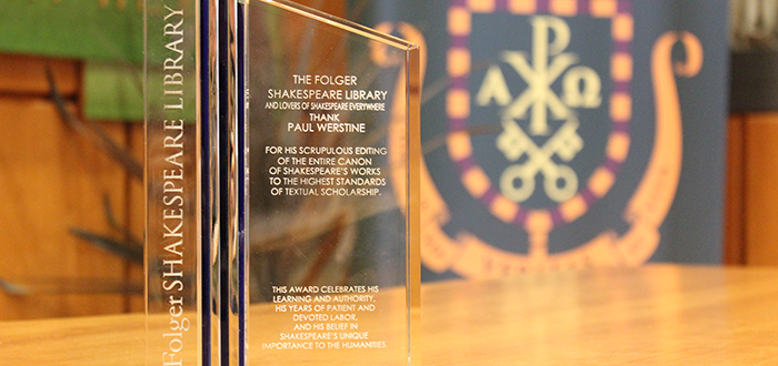 Professor Dr. Paul Werstine presented with Award by the Folger Shakespeare Library, Washington, DC