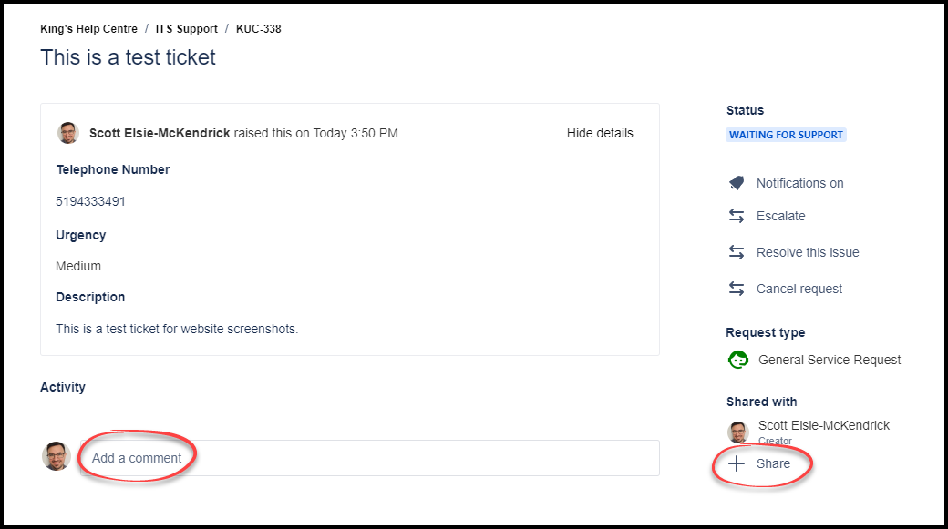 Example of submitted ticket