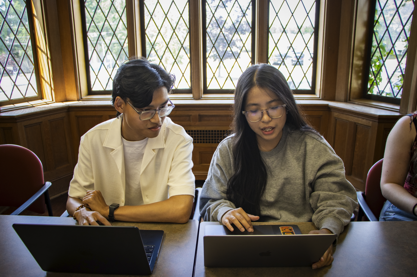 Two students working side by side on laptops